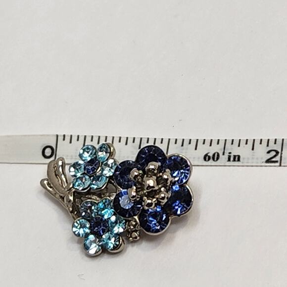 Flower Bouquet Floral Blue Rhinestone Brooch Pin Silver Tone Retro Jewelry Small - Picture 4 of 4